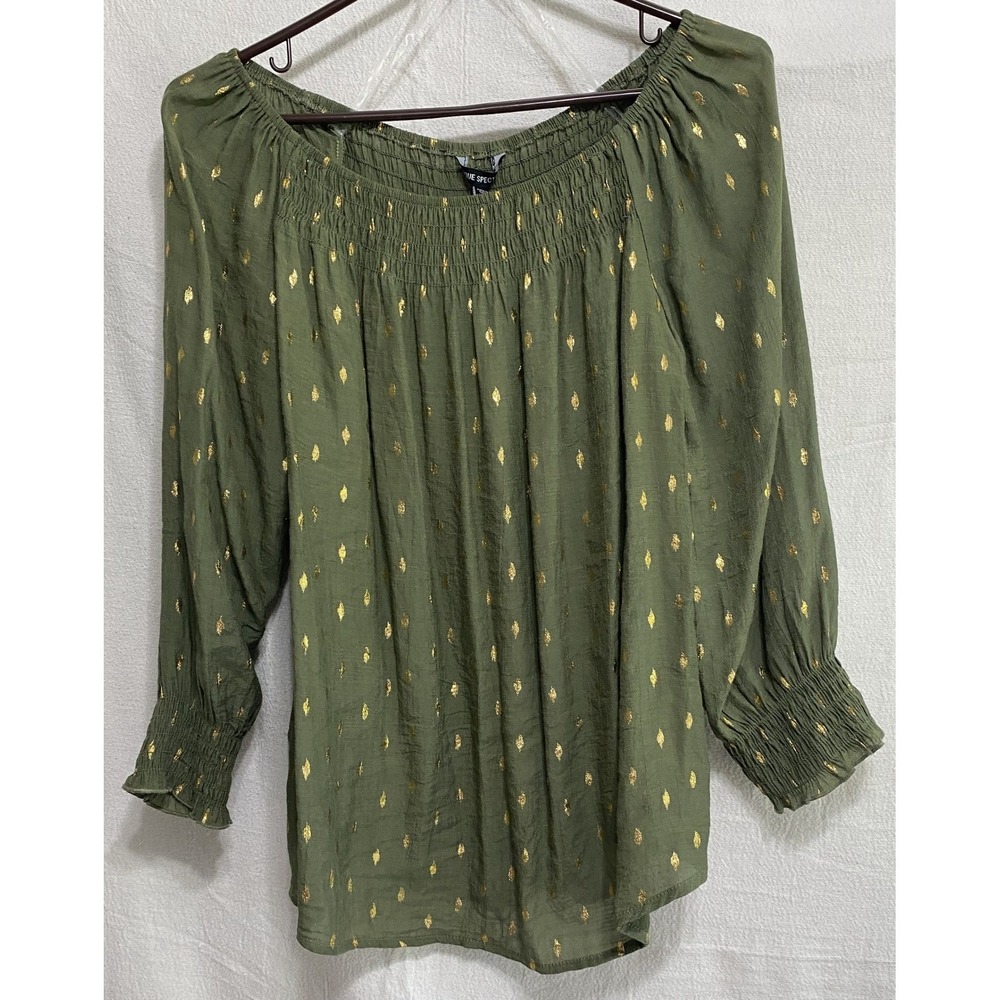 Olive Green Off Shoulder Boho Blouse Gold Metallic Print Peasant Top M